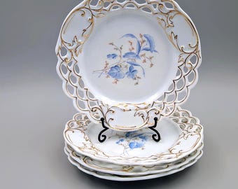 Set of 4 Antique Reticulated Porcelain Plates – Blue Floral, Hand Gilded Gold Accents