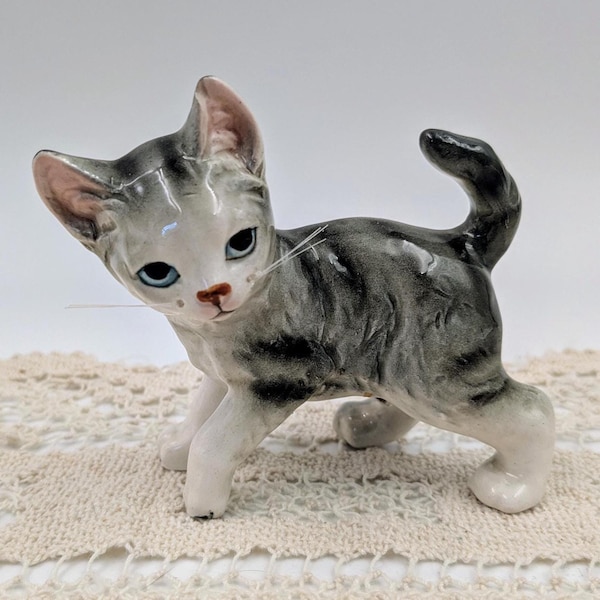 Vintage Midcentury Japan Grey Tiger / Tabby Cat Porcelain Figurine