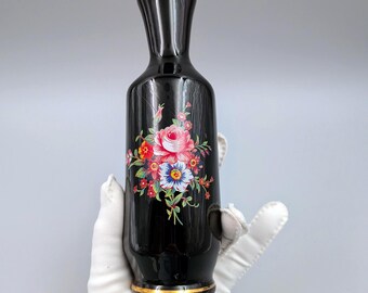 Vintage UCGC Black Glass Bud Vase with Floral Motif & Gold Trim