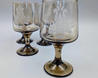 Vintage Pfaltzgraff Village Smoky Brown Stemmed Goblets Set of 4