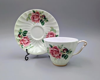Vintage Queen Anne Bone China Tea Cup Saucer Set – Mint Green with Cabbage Roses
