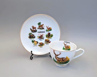 Midcentury Vintage Wild Animals of Canada Tea Cup and Saucer Souvenir Set