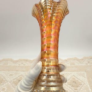 Vintage Imperial Iridescent Marigold Swung Glass Ripple Vase