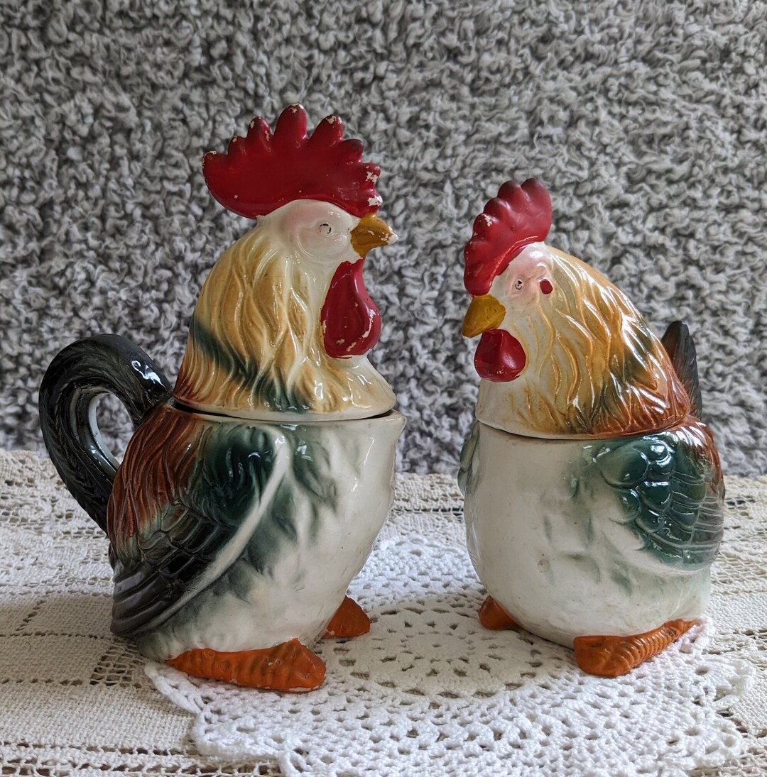 Vintage MCM Hen and Rooster Cream and Sugar With Stacking Salt Etsy