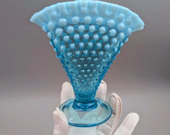 Vintage Fenton Blue Opalescent 6" Hobnail Fan Vase - Midcentury Art Glass