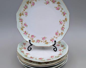 Antique MZ Austria Porcelain Plates Set of 6 – Pink Rose Garland, Sage Green Rim