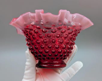 Vintage Fenton Cranberry Opalescent Hobnail Ruffled Bowl  - Midcentury Art Glass