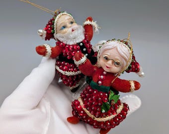 Vintage Santa and Mrs. Claus Sequined Ornaments Pair - Retro Kitsch Holiday