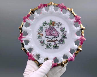 Vintage Reticulated Pink & Gold Souvenir Plate - Floral Emblems of Canada