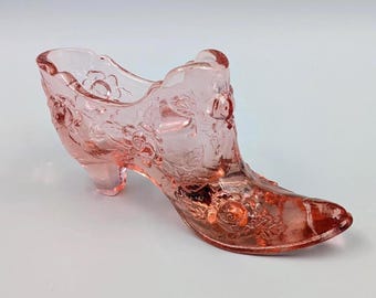 Vintage Fenton Pink Glass Cabbage Rose Slipper Shoe | Pressed Glass High Heel