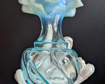 Vintage Fenton Blue Swirl Bottom Vase with Opalescent Ruffled Art Glass Rim