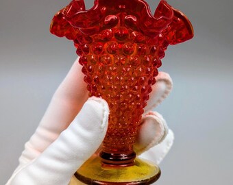 Vintage Fenton Amberina Hobnail Glass Mini Trumpet Vase  with Original Label