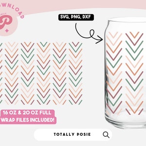 May include: A digital download of a chevron pattern design in shades of pink, green, and brown. The design is shown on a clear glass can, and as a repeating pattern. The text "16 OZ & 20 OZ FULL WRAP FILES INCLUDED!" is also included in the image.