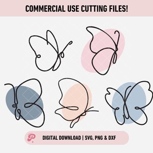 May include: Set of six black line art butterfly illustrations. The butterflies are drawn in a single line and are surrounded by colored circles. The circles are pink, peach, and blue.