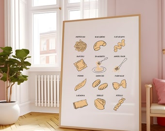 Wydrukuj makaronową sztukę ścienną, prezenty makaronowe, sztuka kuchenna, włoski plakat z tabelą makaronów, wydruk sztuki kuchennej, prezent dla smakoszy, plakat z jedzeniem, wystrój kuchni
