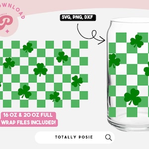 Shamrock Glass Can Wrap | St. Patrick&#39;s Day, Lucky, Checkered, Sublimation Design, Iced Coffee Glass, Retro | Silhouette Cameo, Cricut DIY