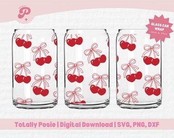 Lata de vidrio con forma de corazón y cereza SVG / Lazo rojo elegante, cerezas, coqueta roja, vaso de cerveza, plantilla de envoltura SVG, retro / Silhouette Cameo, Cricut DIY