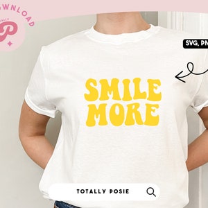 Lächeln Mehr SVG | Gewellter Text, DIY Grafik-T-Shirt, glückliches Gesicht, Lächeln, Glück | Digital, Silhouette Cameo, Cricut zum Selbermachen | Kommerzielle Lizenz
