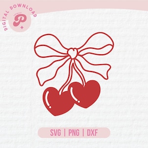 May include: A red outline illustration of two cherries with a bow on top. The cherries are heart-shaped and the bow is tied with a ribbon.