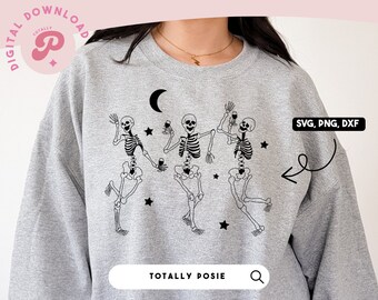 Esqueleto bailando SVG / Vino, Bebida, Luna, Estrellas, Otoño, Halloween, Cráneo, Camiseta espeluznante / gráfica, Archivos de máquina de corte / Licencia comercial