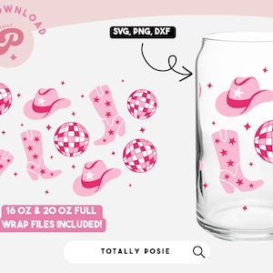 Disco, Cowboy Hat, Boots Glass Wrap | Cowgirl, Howdy, Country, Western Disco Ball, Retro Pink, Coffee Glass | Silhouette Cameo, Cricut DIY