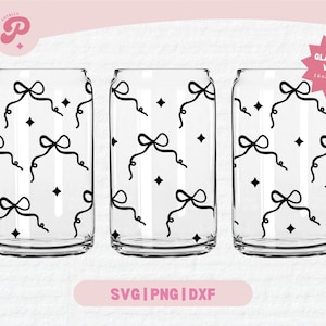 May include: Three glass can wraps with a black and white pattern of bows and stars. The wraps are designed for 16oz and 20oz cans.  The text "GLASS CAN WRAP 16oz & 20oz" is on a red star.