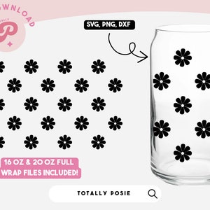 May include: A digital download of a black and white daisy pattern for 16 oz and 20 oz full wrap files. The pattern is shown on a clear glass can.