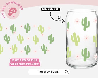 Opakowanie na szklaną puszkę w kształcie kaktusa | Pustynia, Boho Green, Stokrotki, Western, Kwiatowy, Retro szklanka do puszek piwa, Szablon opakowania SVG | Sylwetka Cameo, Cricut DIY