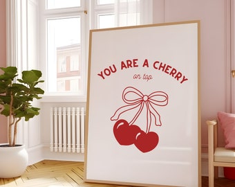 Arte de pared de cereza / Impresión de arte de cereza, arte de pared rosa claro, decoración de pared de cerezas, decoración de habitación coqueta, dormitorio / descarga digital, descarga instantánea