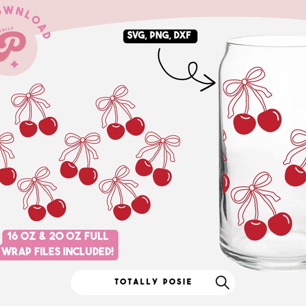 Cherry Bow Glass Can Wrap | Cherries, Ribbon, Red Bow, Cherry Bows, Coquette Aesthetic, Coffee Glass | Silhouette Cameo, Cricut DIY