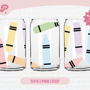 May include: Three glass can wraps with a design of colorful crayons. The text "GLASS CAN WRAP 16oz & 20oz" is on a pink starburst.