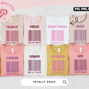 Könnte beinhalten: Zwölf verschiedene T-Shirt-Designs mit einem Barcode und dem Namen eines Sternzeichens mit den entsprechenden Daten. Die Shirts sind in verschiedenen Farben, darunter Weiß, Rosa, Beige, Braun und Rot.