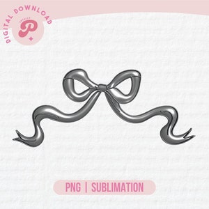May include: A silver metallic bow with a ribbon. The bow is tied in a knot and the ribbon is flowing out from the sides. The bow is isolated on a white background.