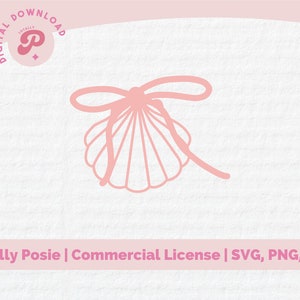 May include: A light pink seashell design with a bow, suitable for digital downloads. The image includes the text "DIGITAL DOWNLOAD" and "Totally Posie" in a pink circle. Below the seashell is the text "Totally Posie | Commercial License | SVG, PNG, DXF".