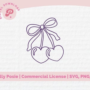 Coração Cereja Arco SVG | Laço vermelho formal, cerejas, estética de coquete vermelha, feminina, moderna | Silhueta Cameo, Cricut DIY | Licença comercial