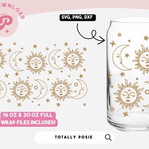 May include: A digital download of a sun and moon design with stars. The design is shown on a clear glass tumbler. The design is available in SVG, PNG, and DXF formats. The design is for 16 oz and 20 oz tumblers.