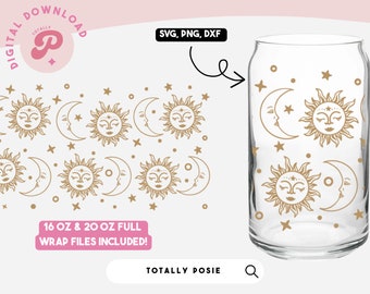 May include: A digital download of a sun and moon design with stars. The design is shown on a clear glass tumbler. The design is available in SVG, PNG, and DXF formats. The design is for 16 oz and 20 oz tumblers.