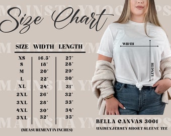 Bella Canvas 3001 Größentabelle Mockup, T-Shirt Größentabelle, Unisex Jersey Kurzarm T-Shirt Größenanleitung, Shirt Größentabelle Maße