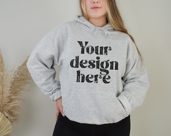 Ash Gildan 18500 Hoodie Mockup, Model Mock Up (Digital Download)