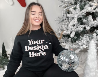 Christmas Mockup, Black Gildan 18000 Mockup, Holiday Sweatshirt Mockup, Model Mockup, Christmas Sweatshirt Mockup, Retro Christmas Mockup