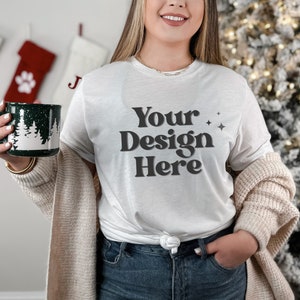 Christmas Mockup, Ash Bella Canvas 3001 Mockup, Holiday Shirt Mockup, Model Mockup, Christmas T-shirt Mockup, Retro Christmas Mockup