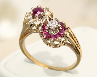 14K Yellow Gold Ruby and Diamond Flower Ring