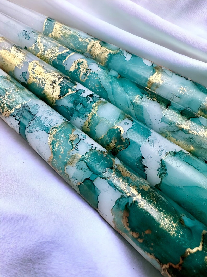 Taper Candles / Green & Gold / Hand Painted / Dripless Dinner Candles