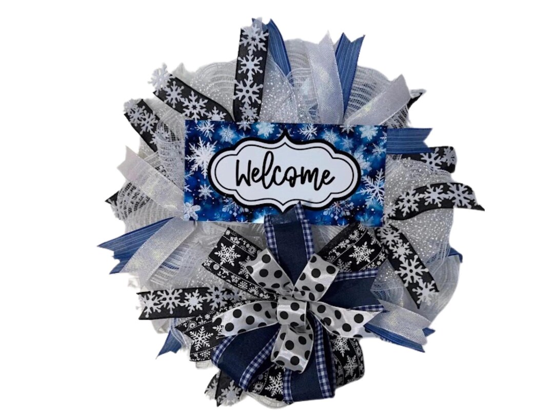 Winter Welcome Wreath, Blue White Snowflake Wreath for Front Door ...