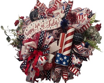 Independence Day Front Door Wreath, Fourth of July Door Hanger, Patriotic Wreath, Fourth of July Wreath, Red White and Blue Wreath