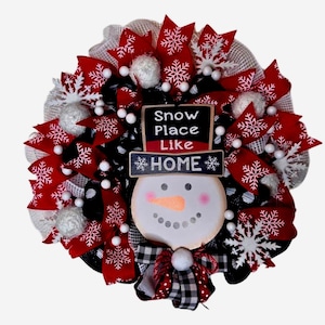 Snowman Christmas Wreath, Red and White Holiday Door Decor, Snowflake Ribbon Wreath, Winter Front Door Wreath, Snowman Christmas Decor,