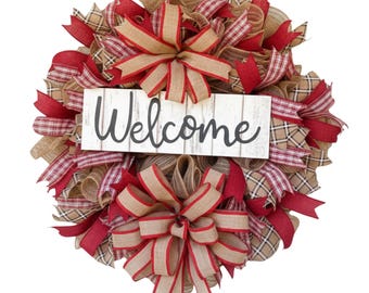 Rustic Welcome Wreath for Front Door, Farmhouse Plaid Bow Wreath, Year Round Burlap Door Decor, Red Country Style Wreath