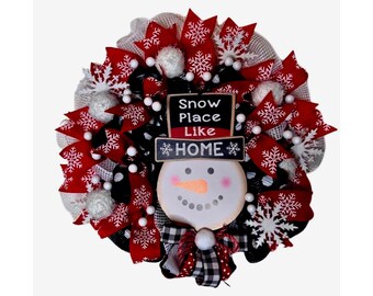 Snowman Christmas Wreath, Red and White Holiday Door Decor, Snowflake Ribbon Wreath, Winter Front Door Wreath, Festive Christmas Decor