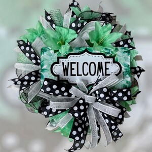 Handmade Welcome Wreath: Green Florals & Polka Dot Bows