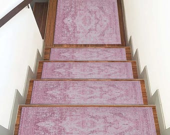 Tappeto tradizionale etnico retrò, tappeto per scale in stile sbiadito, tappeto per scale, tappeto personalizzato per scale, gradini per scale, tappeto antiscivolo lavabile in lavatrice
